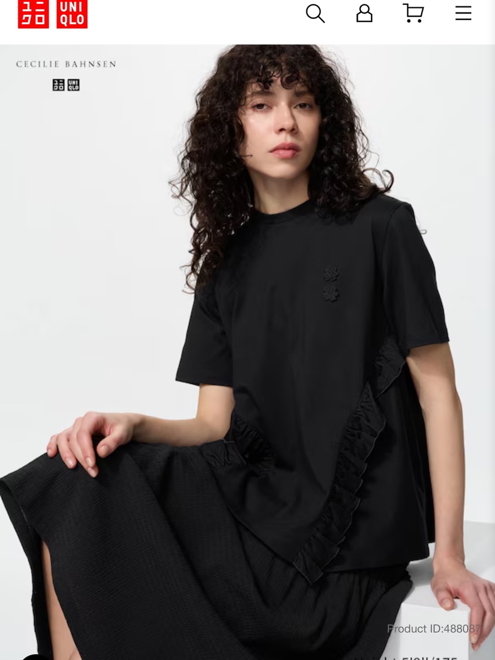 UNIQLO Cecilie Bahnsen Black Short Sleeve Ruffle-Trim Tee